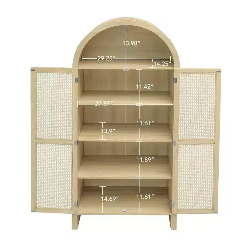 Meuble de Rangement de Cuisine avec Arc, Armoire Haute avec 2 Tiroirs et Porte en Rotin, Buffet Polyvalent pour Salon Salle à Manger, Naturel