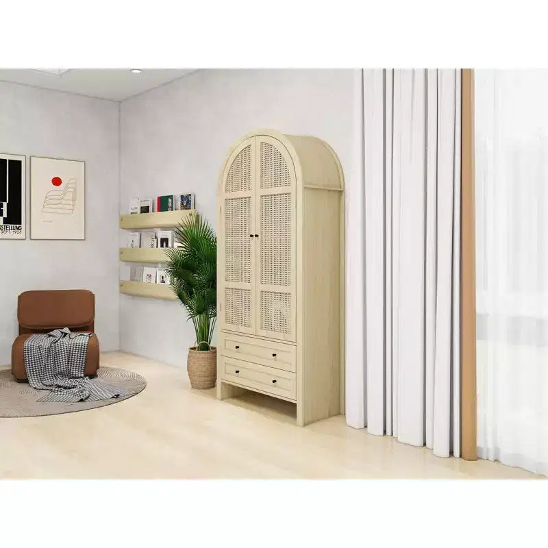 Meuble de Rangement de Cuisine avec Arc, Armoire Haute avec 2 Tiroirs et Porte en Rotin, Buffet Polyvalent pour Salon Salle à Manger, Naturel