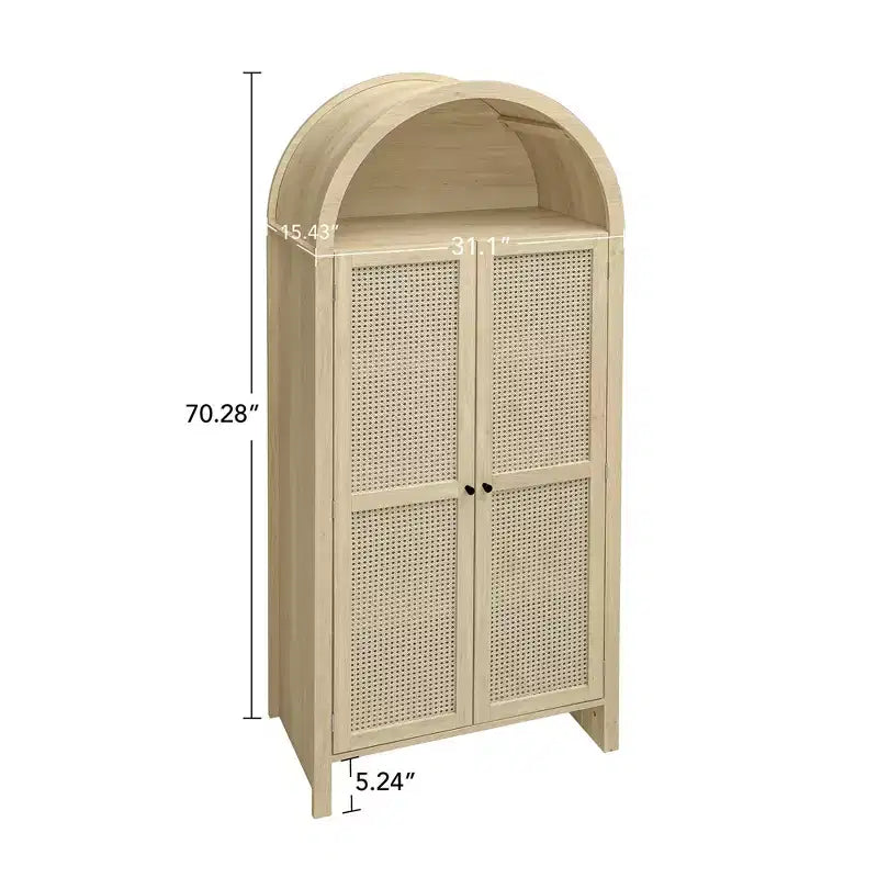 Meuble de Rangement de Cuisine avec Arc, Armoire Haute avec 2 Tiroirs et Porte en Rotin, Buffet Polyvalent pour Salon Salle à Manger, Naturel