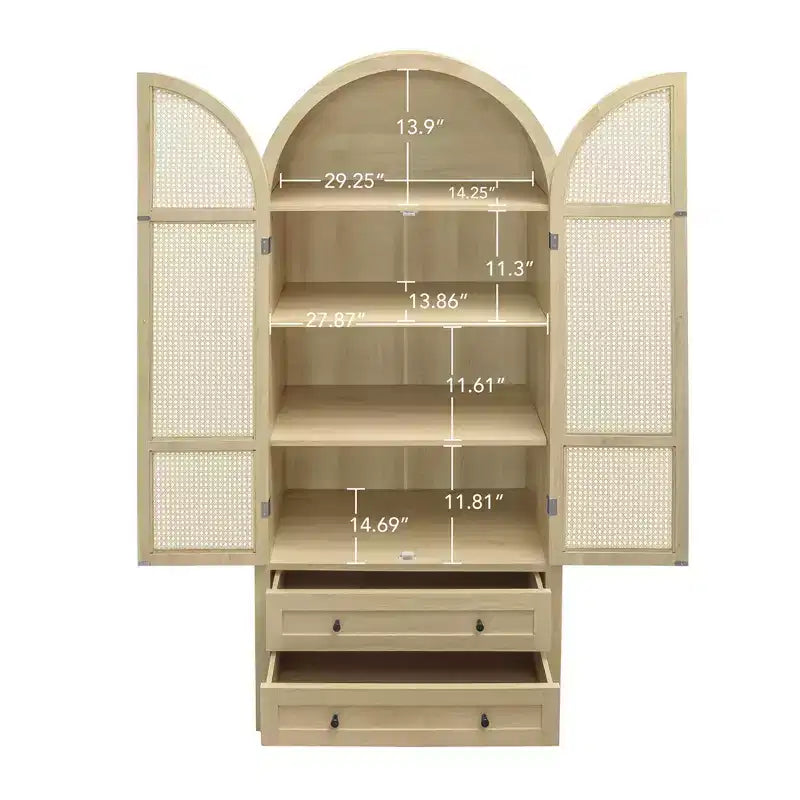Meuble de Rangement de Cuisine avec Arc, Armoire Haute avec 2 Tiroirs et Porte en Rotin, Buffet Polyvalent pour Salon Salle à Manger, Naturel