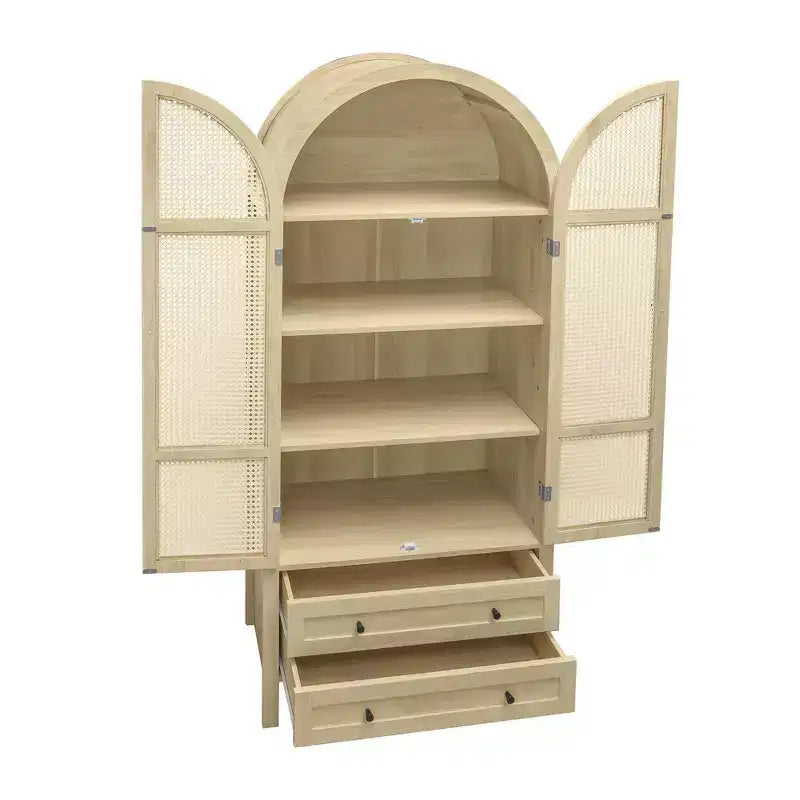 Meuble de Rangement de Cuisine avec Arc, Armoire Haute avec 2 Tiroirs et Porte en Rotin, Buffet Polyvalent pour Salon Salle à Manger, Naturel
