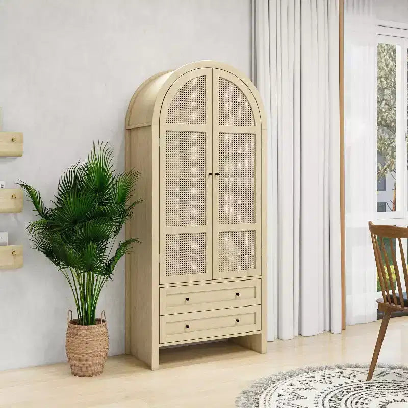 Meuble de Rangement de Cuisine avec Arc, Armoire Haute avec 2 Tiroirs et Porte en Rotin, Buffet Polyvalent pour Salon Salle à Manger, Naturel