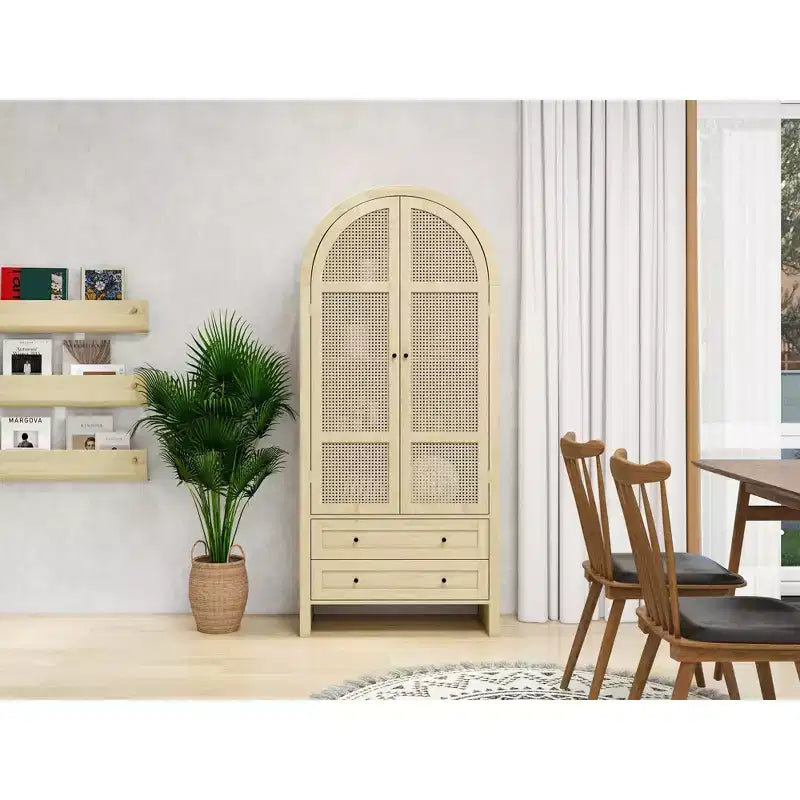 Meuble de Rangement de Cuisine avec Arc, Armoire Haute avec 2 Tiroirs et Porte en Rotin, Buffet Polyvalent pour Salon Salle à Manger, Naturel