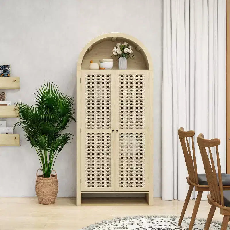 Meuble de Rangement de Cuisine avec Arc, Armoire Haute avec 2 Tiroirs et Porte en Rotin, Buffet Polyvalent pour Salon Salle à Manger, Naturel