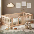 Polibi Wooden Floor Bed Frame with Fence Guardrails & Rounded Corners