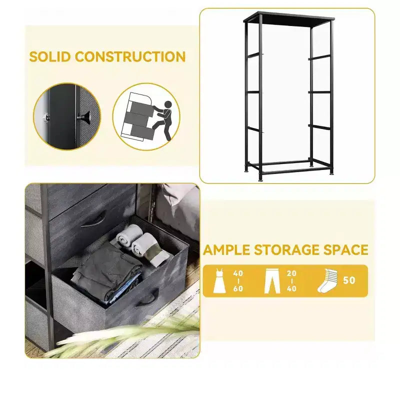 Commode à 4 tiroirs, tour de rangement en tissu, unité de rangement pour salon, couloir, placards, cadre en acier robuste, plateau en bois