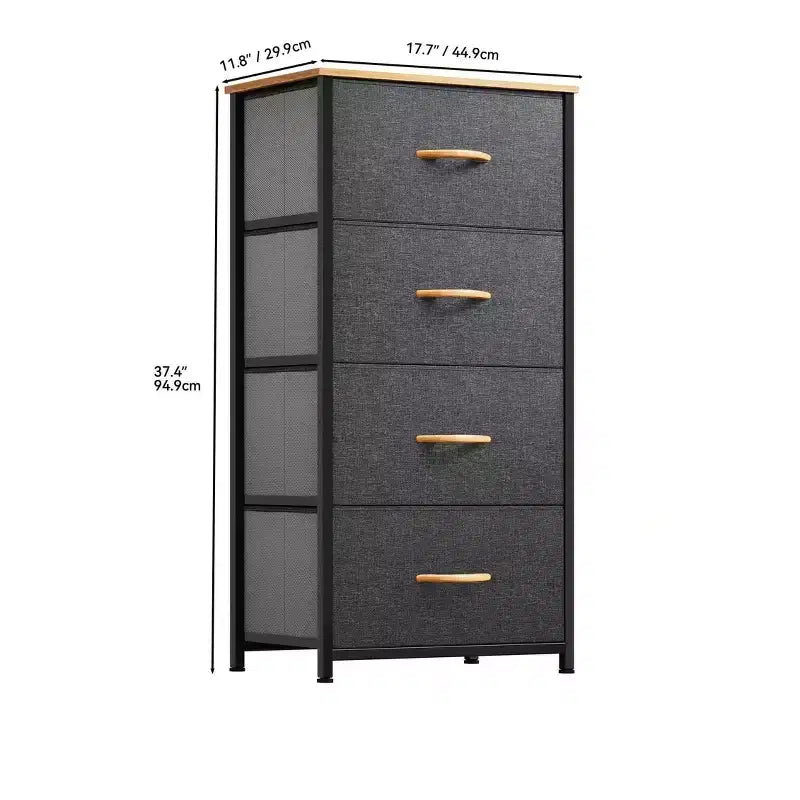 Commode à 4 tiroirs, tour de rangement en tissu, unité de rangement pour salon, couloir, placards, cadre en acier robuste, plateau en bois