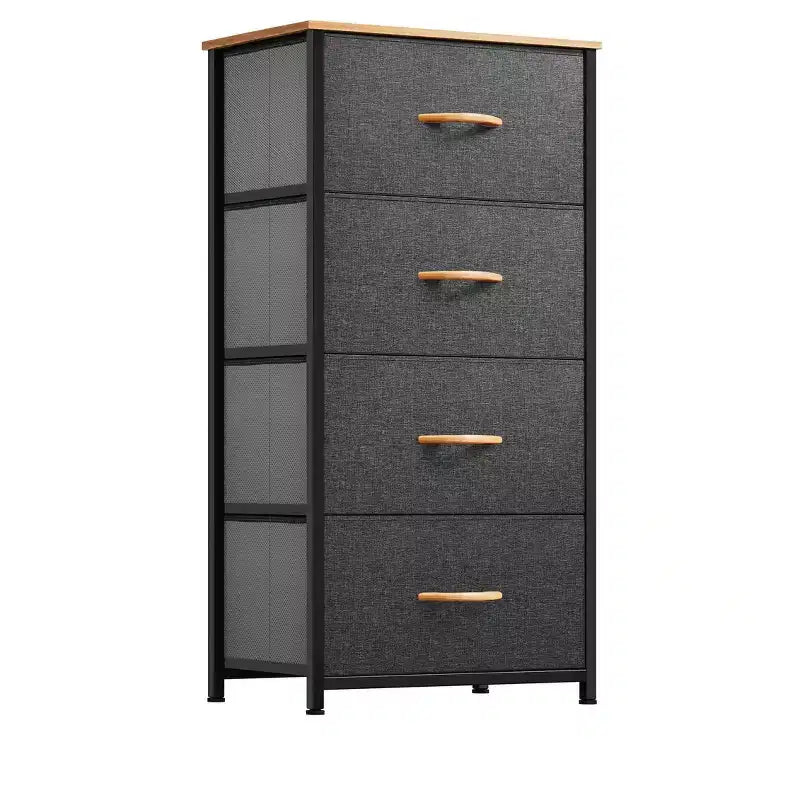 Commode à 4 tiroirs, tour de rangement en tissu, unité de rangement pour salon, couloir, placards, cadre en acier robuste, plateau en bois