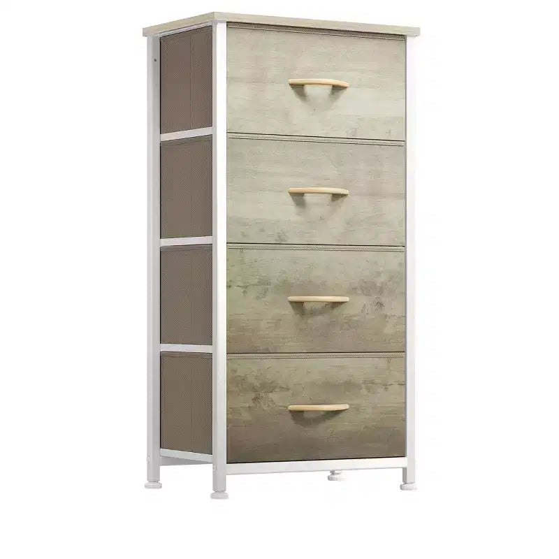 Commode à 4 tiroirs, tour de rangement en tissu, unité de rangement pour salon, couloir, placards, cadre en acier robuste, plateau en bois