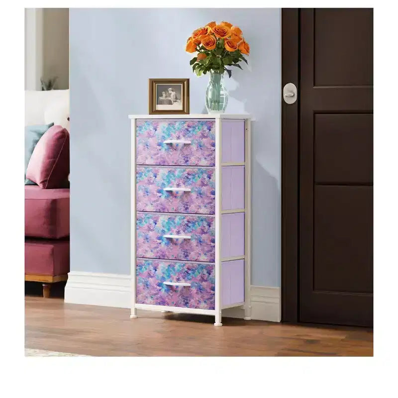 Commode à 4 tiroirs, tour de rangement en tissu, unité de rangement pour salon, couloir, placards, cadre en acier robuste, plateau en bois