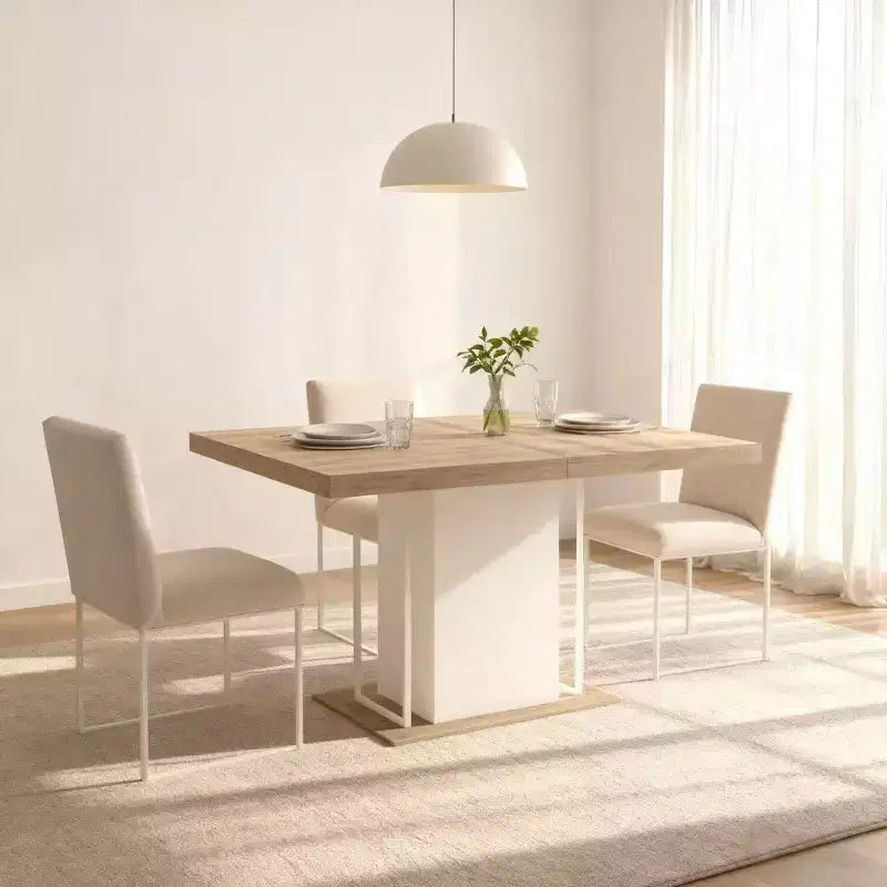 Table à manger extensible, chêne et blanc, design moderne extensible