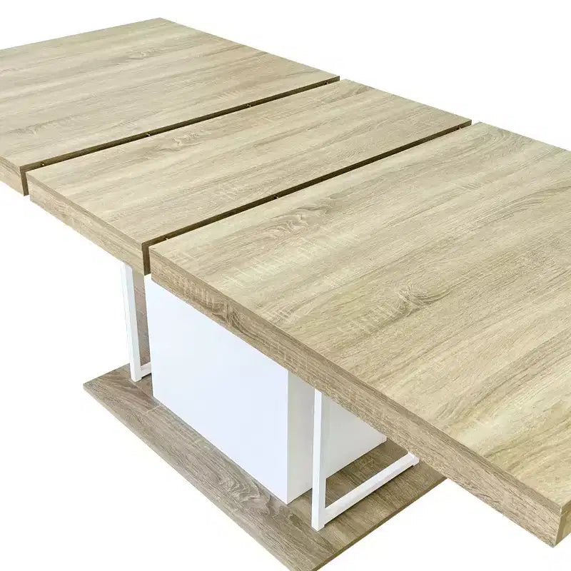 Table à manger extensible, chêne et blanc, design moderne extensible