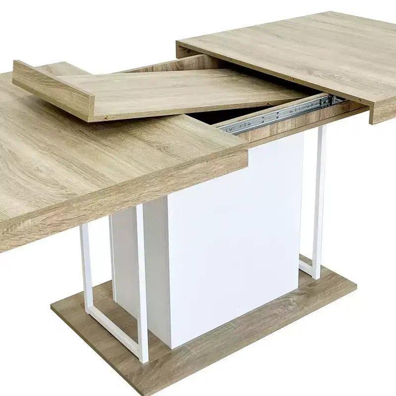 Table à manger extensible, chêne et blanc, design moderne extensible