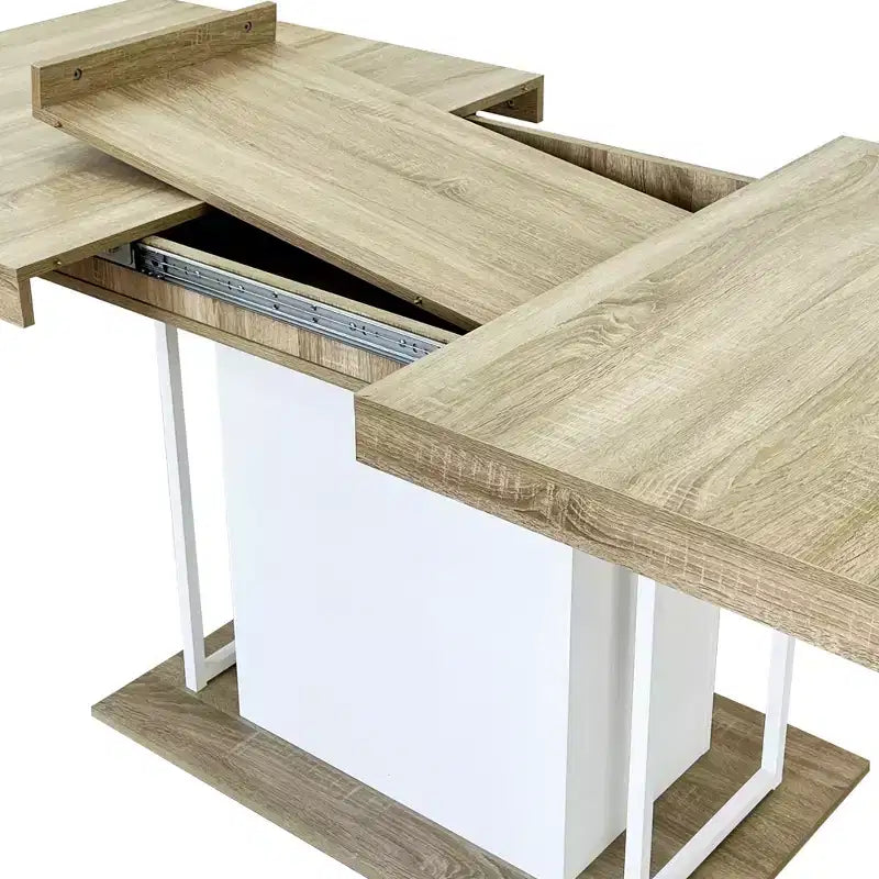 Table à manger extensible, chêne et blanc, design moderne extensible