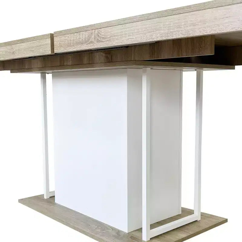 Table à manger extensible, chêne et blanc, design moderne extensible