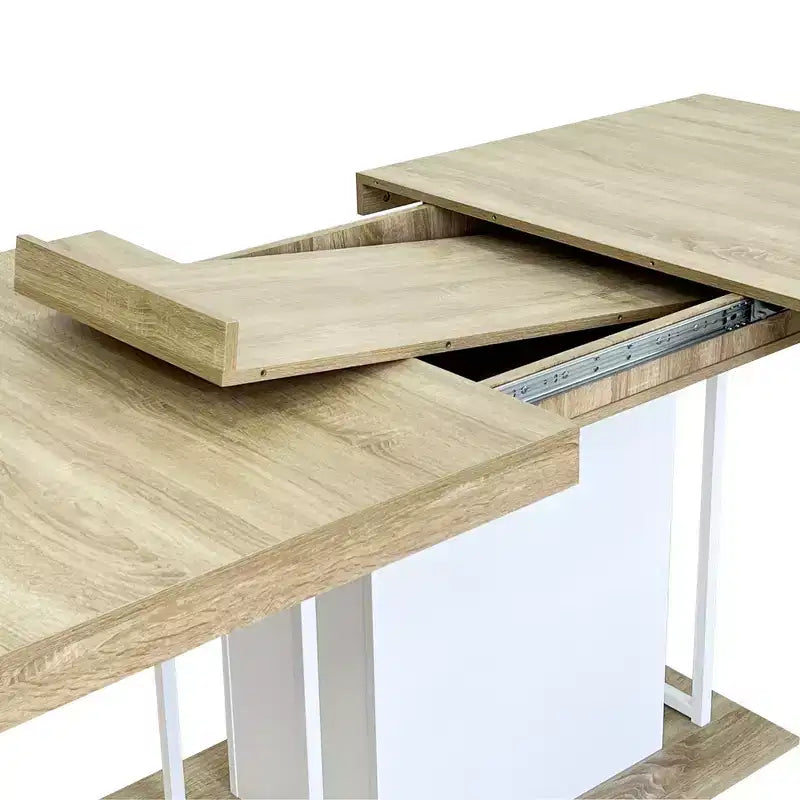 Table à manger extensible, chêne et blanc, design moderne extensible