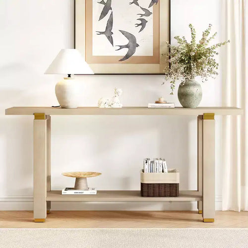 Okak 63IN Modern Narrow Console Table, Entryway Table with Metal Accents and Open Shelf, Accent Table for Living Room, Hallway, Natural