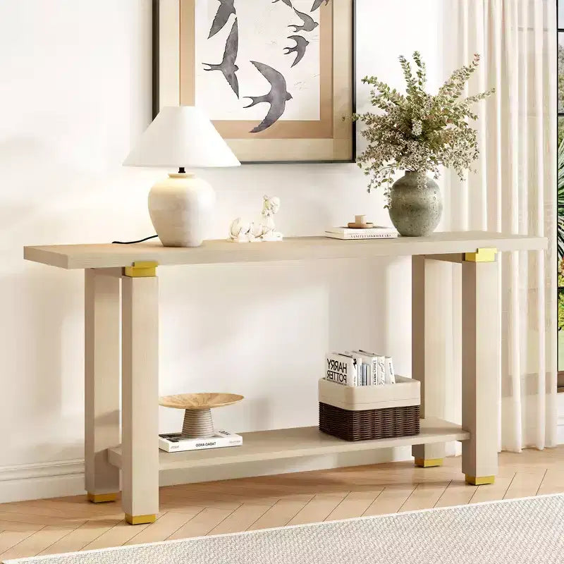 Table console étroite moderne 63IN, table d'entrée avec accents métalliques et étagère ouverte, table d'appoint pour salon, couloir, naturel