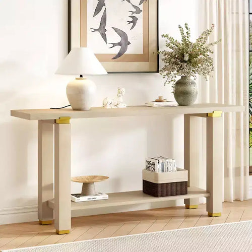 Table console étroite moderne 63IN, table d'entrée avec accents métalliques et étagère ouverte, table d'appoint pour salon, couloir, naturel