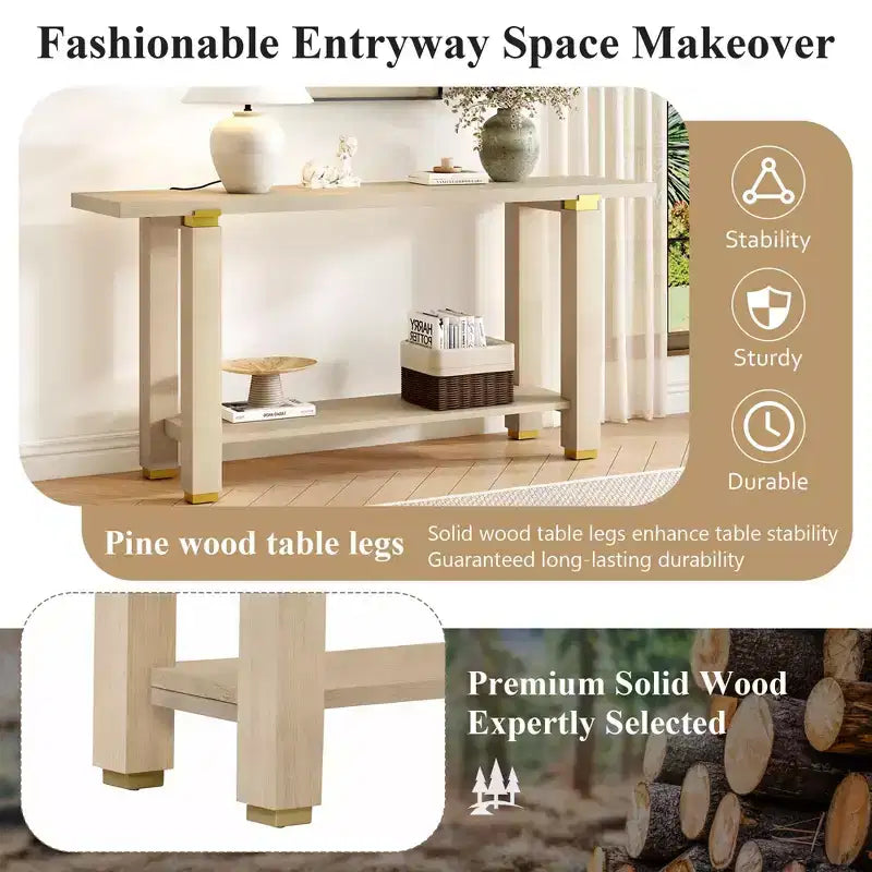 Table console étroite moderne 63IN, table d'entrée avec accents métalliques et étagère ouverte, table d'appoint pour salon, couloir, naturel