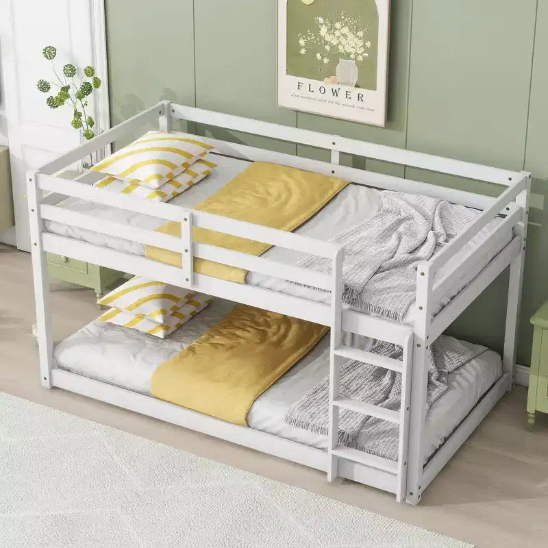 Lit superposé jumeau-sur-jumeau de 77,3 pouces avec échelle, lit jumeau avec barrière de sécurité et lattes renforcées, cadres de lit pour chambre d'enfants, salle de jeux, blanc