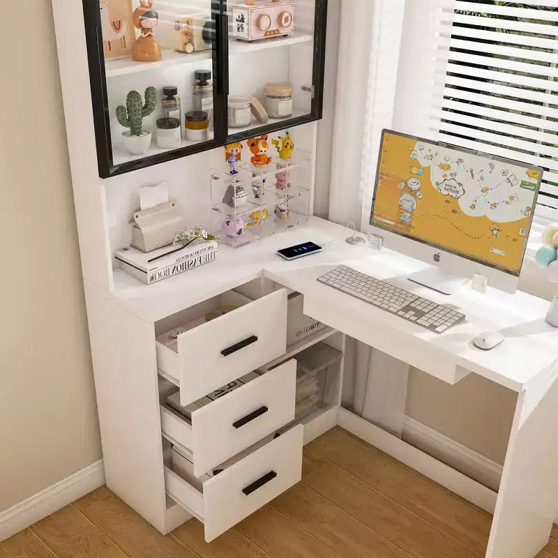 Bureau d'angle moderne en forme de L de 110 cm avec armoires vitrées, bureau d'angle avec étagères de rangement et tiroir à clavier, bureau d'ordinateur pour la maison et le bureau