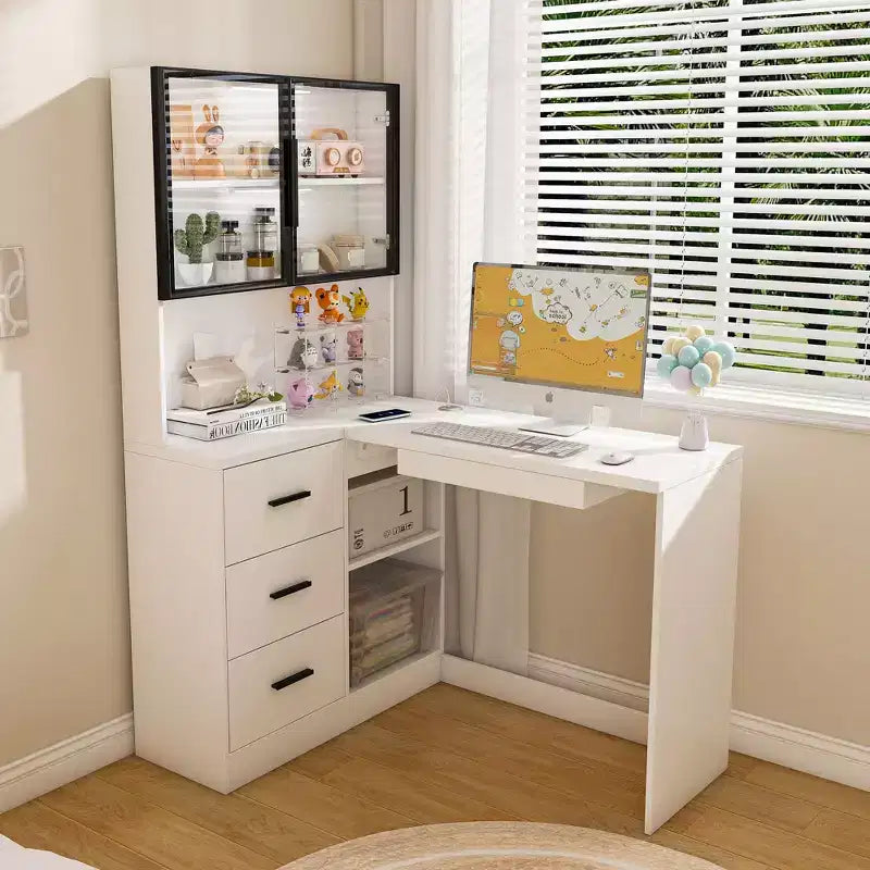 Bureau d'angle moderne en forme de L de 110 cm avec armoires vitrées, bureau d'angle avec étagères de rangement et tiroir à clavier, bureau d'ordinateur pour la maison et le bureau