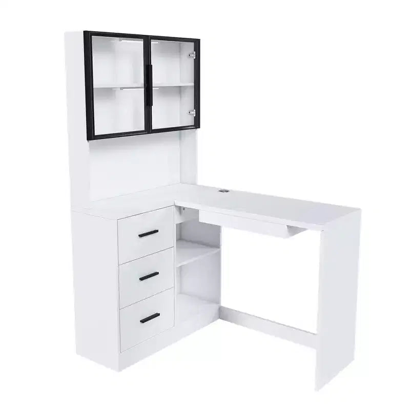Bureau d'angle moderne en forme de L de 110 cm avec armoires vitrées, bureau d'angle avec étagères de rangement et tiroir à clavier, bureau d'ordinateur pour la maison et le bureau
