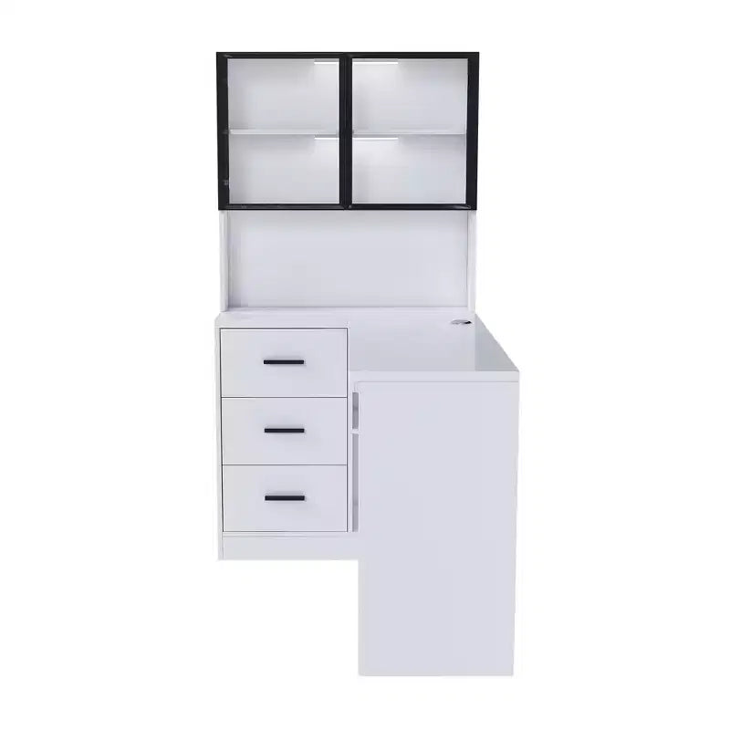 Bureau d'angle moderne en forme de L de 110 cm avec armoires vitrées, bureau d'angle avec étagères de rangement et tiroir à clavier, bureau d'ordinateur pour la maison et le bureau