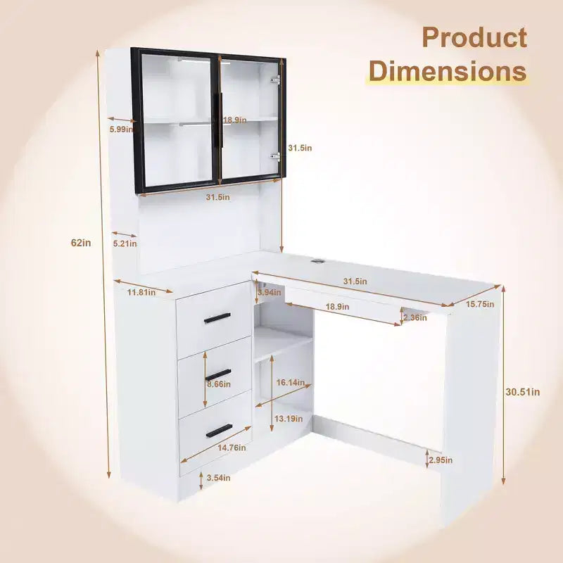 Bureau d'angle moderne en forme de L de 110 cm avec armoires vitrées, bureau d'angle avec étagères de rangement et tiroir à clavier, bureau d'ordinateur pour la maison et le bureau