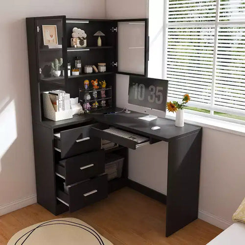 Bureau d'angle moderne en forme de L de 110 cm avec armoires vitrées, bureau d'angle avec étagères de rangement et tiroir à clavier, bureau d'ordinateur pour la maison et le bureau