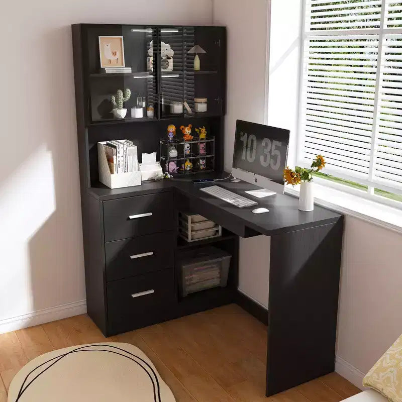 Bureau d'angle moderne en forme de L de 110 cm avec armoires vitrées, bureau d'angle avec étagères de rangement et tiroir à clavier, bureau d'ordinateur pour la maison et le bureau