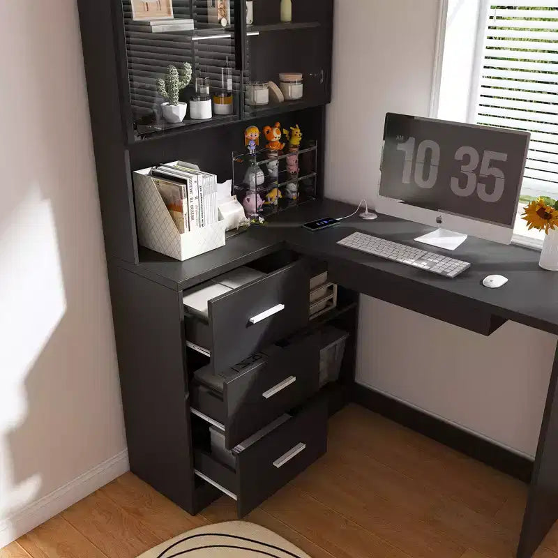 Bureau d'angle moderne en forme de L de 110 cm avec armoires vitrées, bureau d'angle avec étagères de rangement et tiroir à clavier, bureau d'ordinateur pour la maison et le bureau