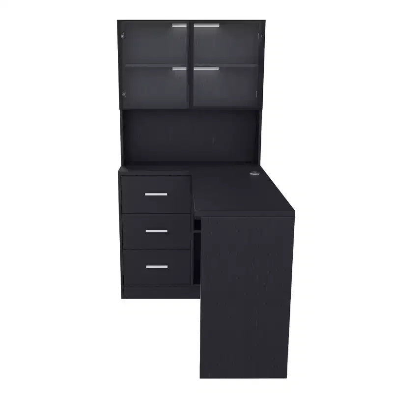 Bureau d'angle moderne en forme de L de 110 cm avec armoires vitrées, bureau d'angle avec étagères de rangement et tiroir à clavier, bureau d'ordinateur pour la maison et le bureau