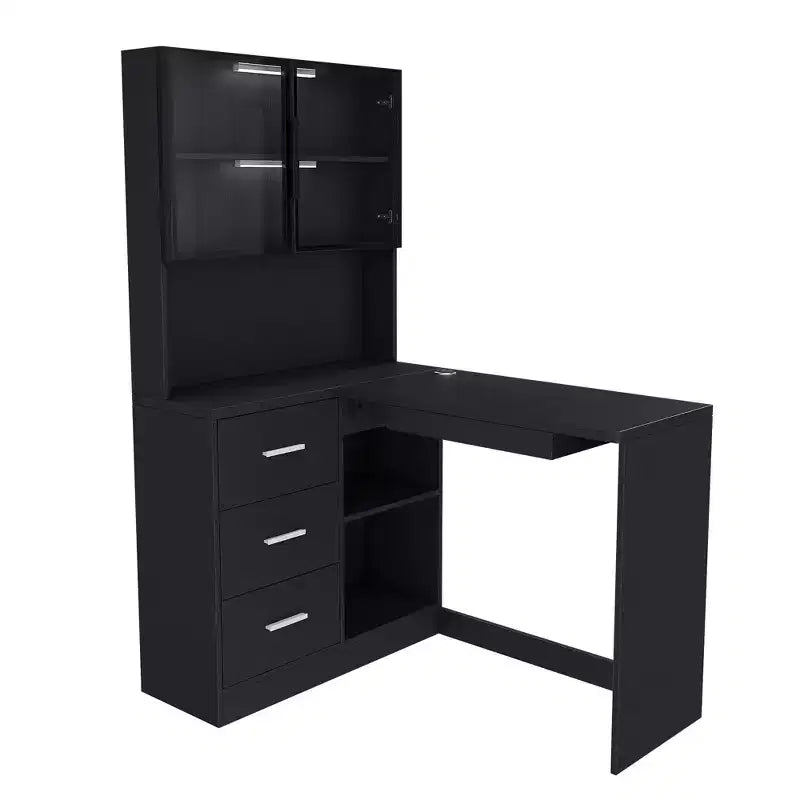 Bureau d'angle moderne en forme de L de 110 cm avec armoires vitrées, bureau d'angle avec étagères de rangement et tiroir à clavier, bureau d'ordinateur pour la maison et le bureau