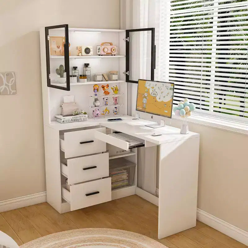 Bureau d'angle moderne en forme de L de 110 cm avec armoires vitrées, bureau d'angle avec étagères de rangement et tiroir à clavier, bureau d'ordinateur pour la maison et le bureau