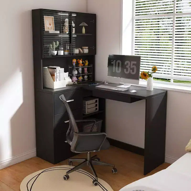 Bureau d'angle moderne en forme de L de 110 cm avec armoires vitrées, bureau d'angle avec étagères de rangement et tiroir à clavier, bureau d'ordinateur pour la maison et le bureau