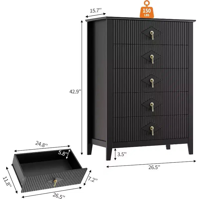 Commode cannelée à 6 tiroirs de 54 po – Armoire de rangement en bois moderne pour chambre et salon