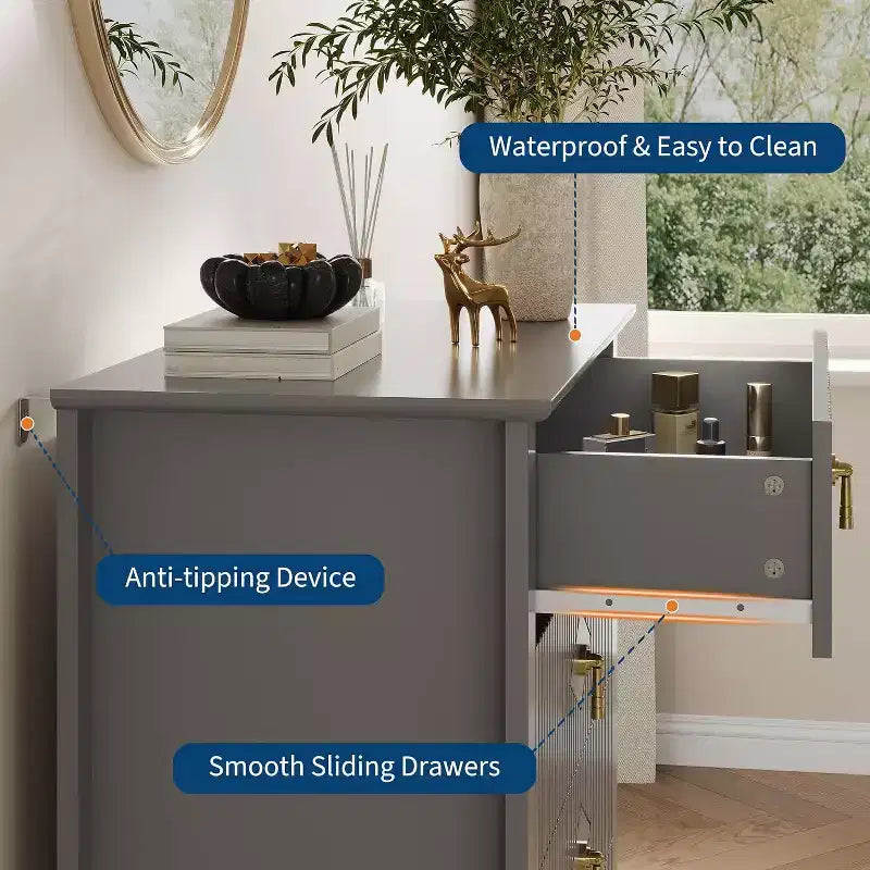 Commode cannelée à 6 tiroirs de 54 po – Armoire de rangement en bois moderne pour chambre et salon