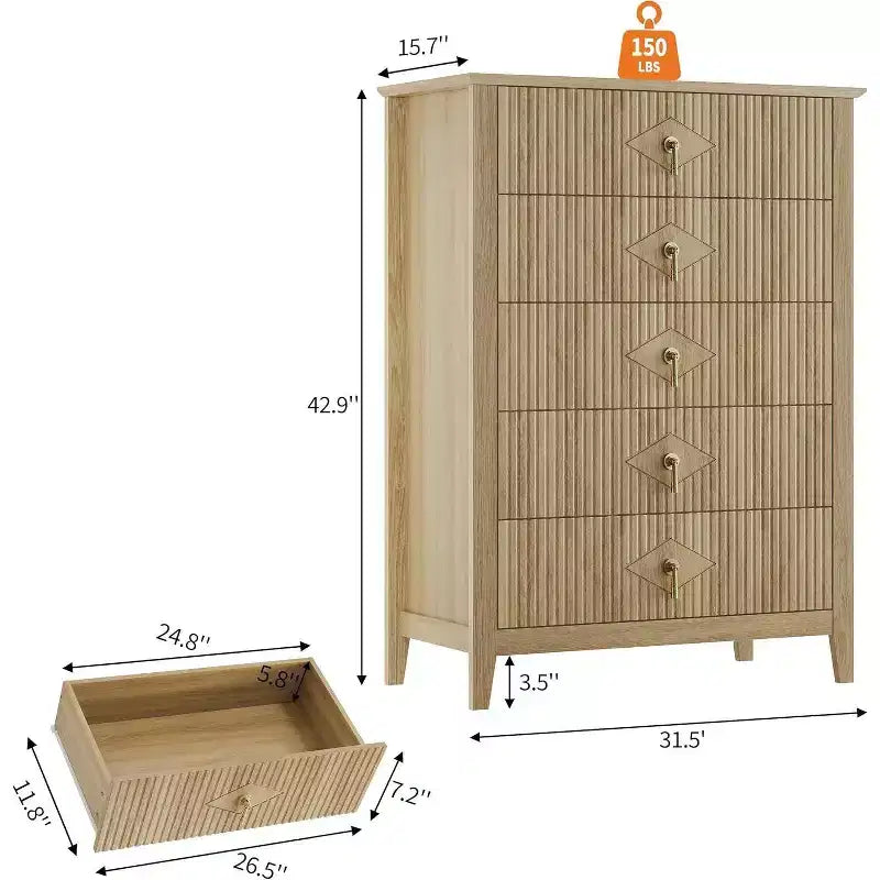 Commode cannelée à 6 tiroirs de 54 po – Armoire de rangement en bois moderne pour chambre et salon