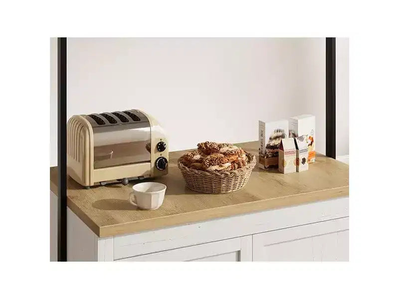 Meuble îlot de la série PB : 104 cm, corps blanc vintage avec plateau en bois naturel, idéal pour le rangement de cuisine et l'utilisation dans la salle à manger