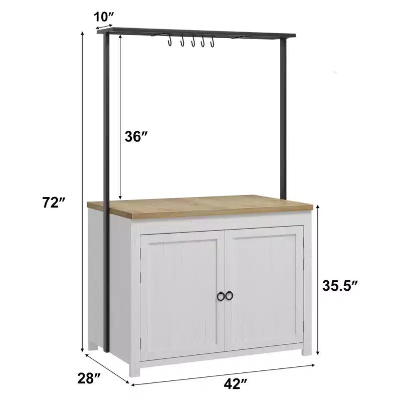 Meuble îlot de la série PB : 104 cm, corps blanc vintage avec plateau en bois naturel, idéal pour le rangement de cuisine et l'utilisation dans la salle à manger
