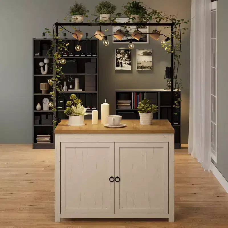 Meuble îlot de la série PB : 104 cm, corps blanc vintage avec plateau en bois naturel, idéal pour le rangement de cuisine et l'utilisation dans la salle à manger
