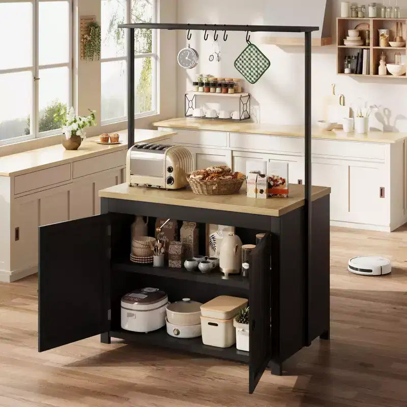 Meuble îlot de la série PB : 104 cm, corps blanc vintage avec plateau en bois naturel, idéal pour le rangement de cuisine et l'utilisation dans la salle à manger