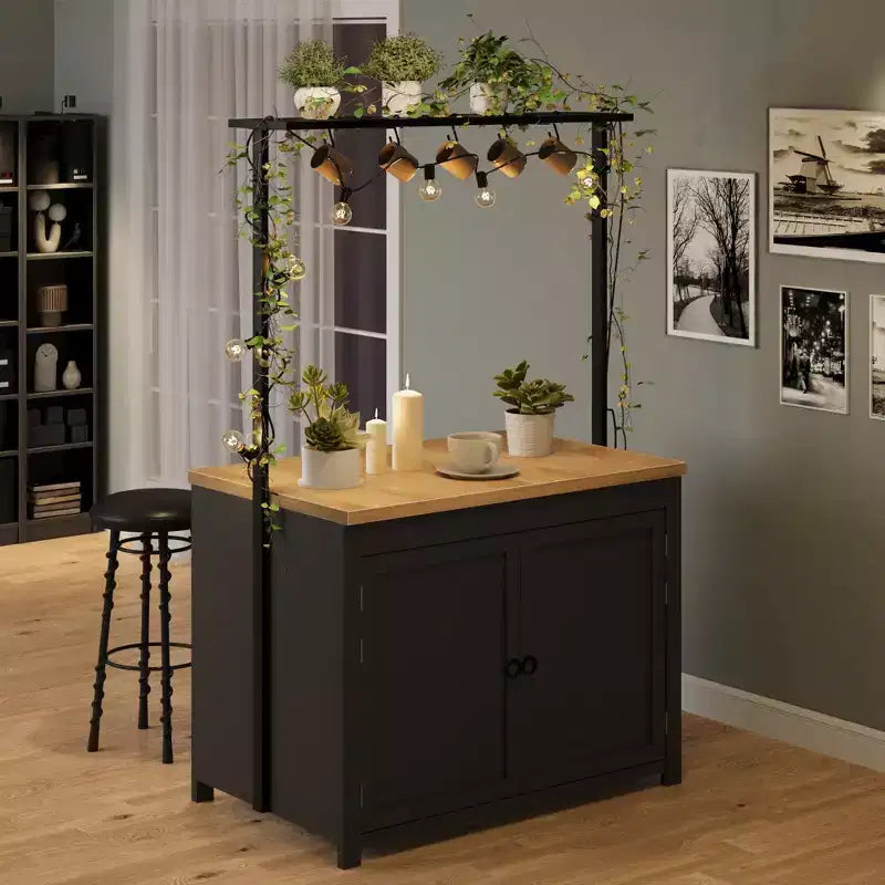 Meuble îlot de la série PB : 104 cm, corps blanc vintage avec plateau en bois naturel, idéal pour le rangement de cuisine et l'utilisation dans la salle à manger