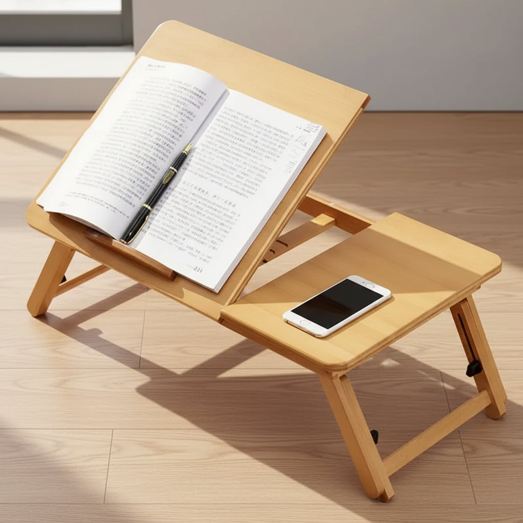 Adjustable Bed Table - 50x30cm Portable Bamboo Laptop Desk for Dormitory & Bedroom, Folding Reading/Writing Table (Primary Color, 1-Pack)
