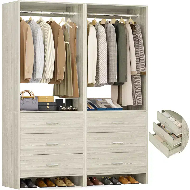 Système de rangement de placard avec tiroirs en bois, armoire autoportante avec tringle de suspension