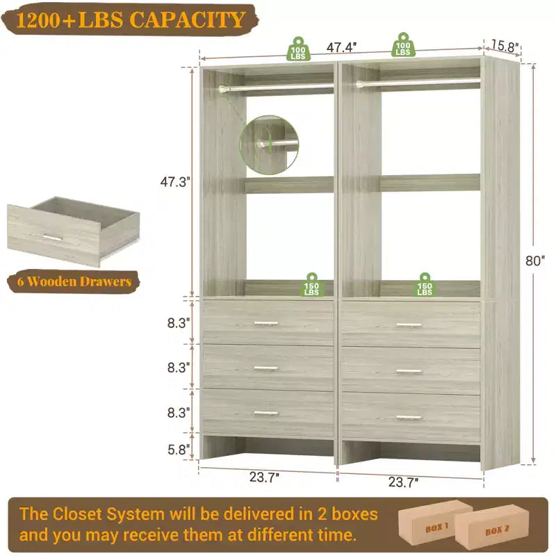 Système de rangement de placard avec tiroirs en bois, armoire autoportante avec tringle de suspension