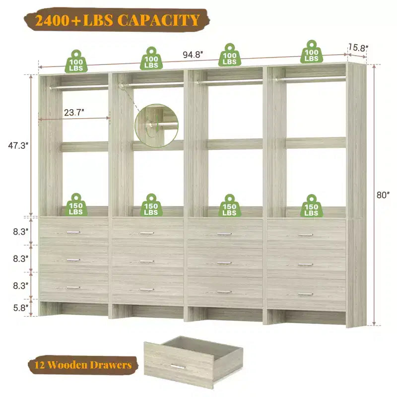 Système de rangement de placard avec tiroirs en bois, armoire autoportante avec tringle de suspension