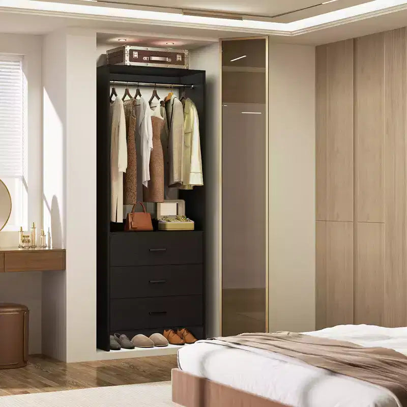 Système de rangement de placard avec tiroirs en bois, armoire autoportante avec tringle de suspension